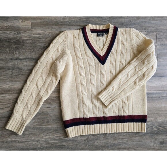Vintage Brooks Brothers Tennis Sweater Mens XL Cream Navy Maroon Wool Cable